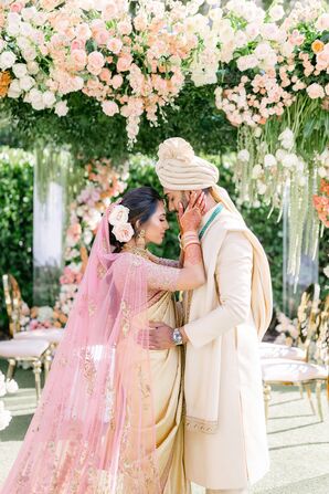 Bride in Gold and Pink, Groom in Gold, Traditional Indian Wedding Ceremony Attire, Mandap, Custom Veil