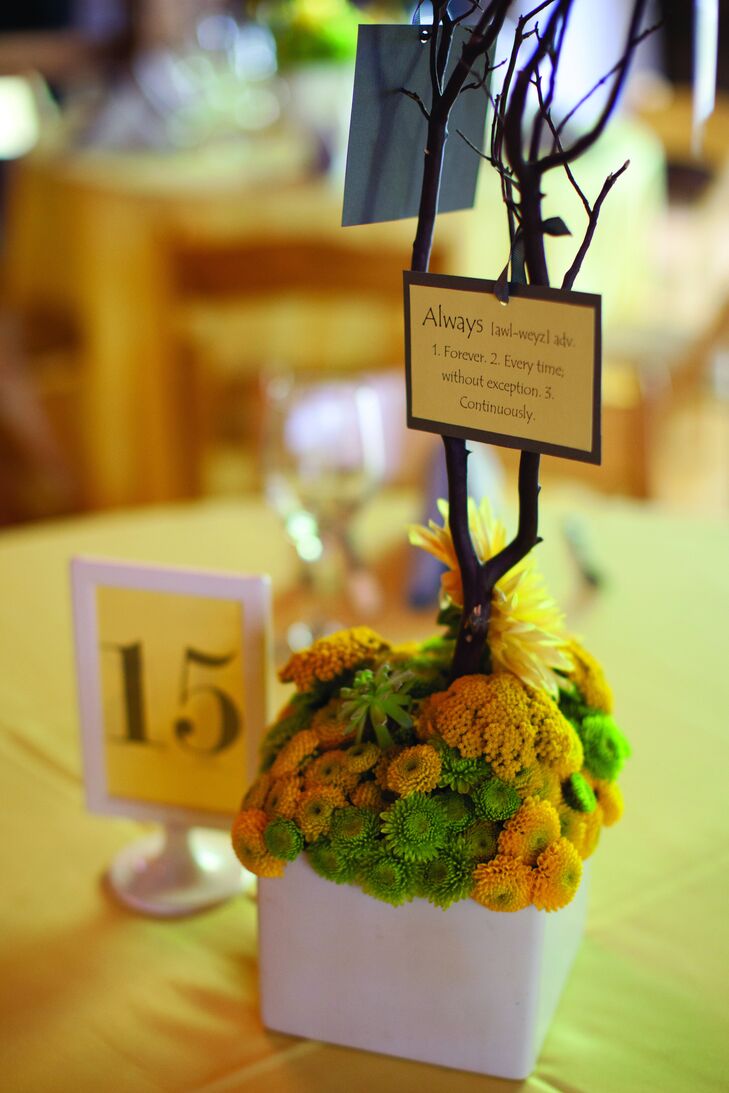 Tightly packed yellow and green kermit mums filled white vases at the reception.