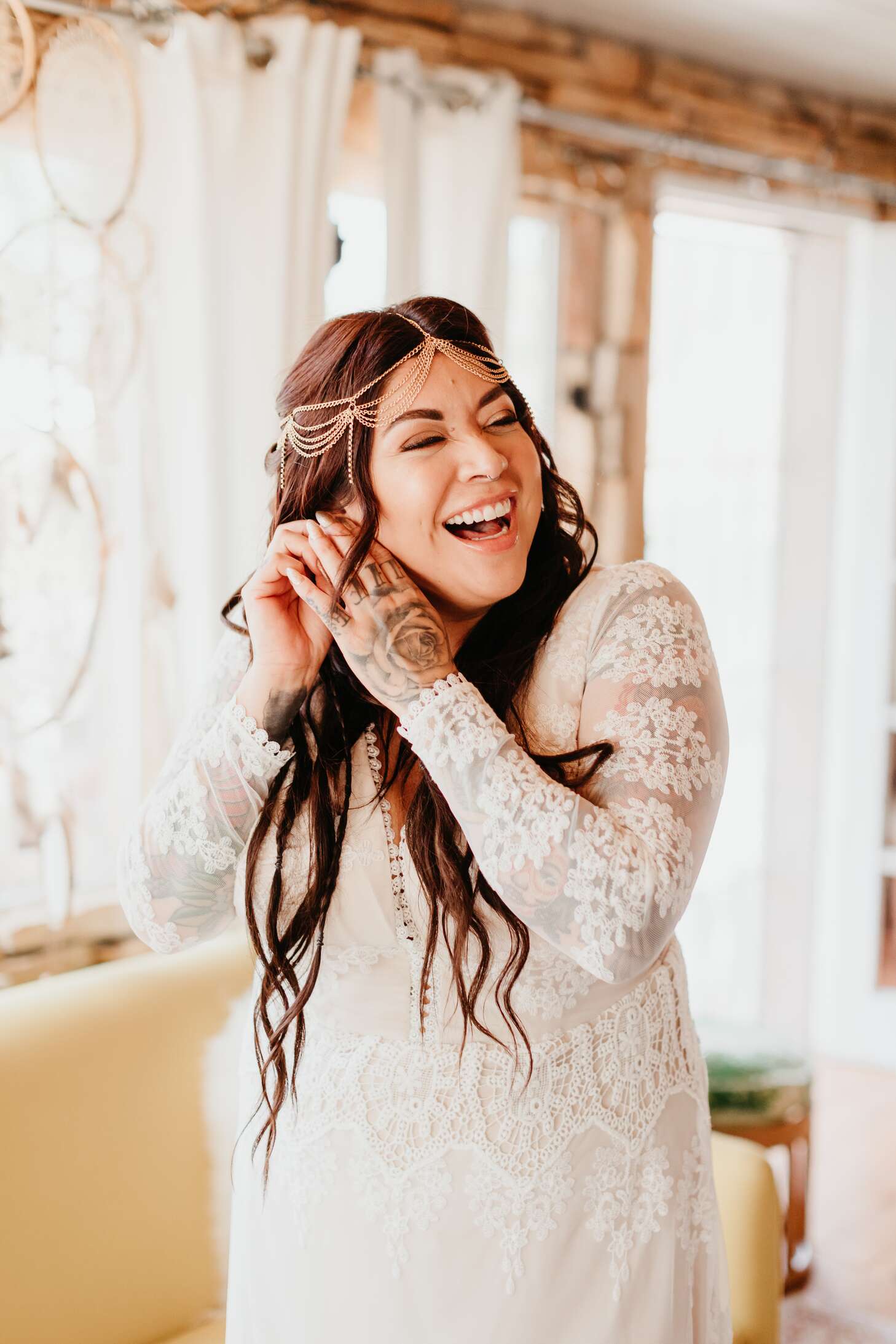 Bohemian Bride with Long-Sleeve Dress, Down Hairstyle and Hair Chains