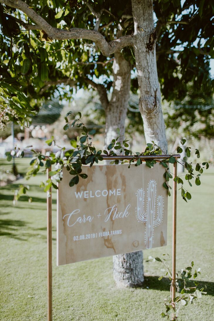 Modern Ceremony Sign with Wooden Frame and Greenery