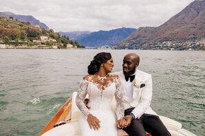 Bride and Groom in Formal Attire on a Boat on Lake Como at Destination Wedding