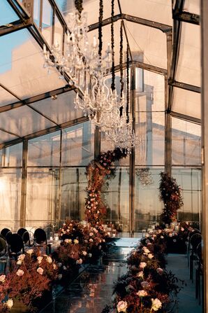 Wedding Ceremony With Glam Chandeliers and Modern Broken Altar Arch