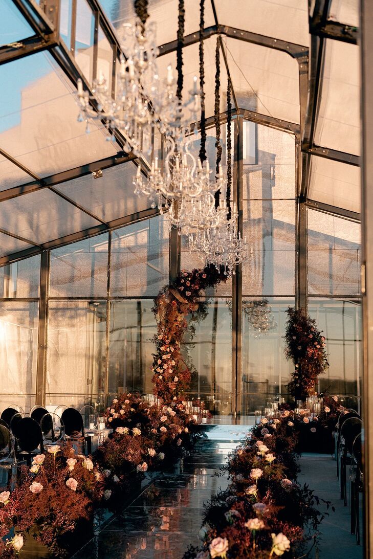 Wedding Ceremony With Glam Chandeliers and Modern Broken Altar Arch