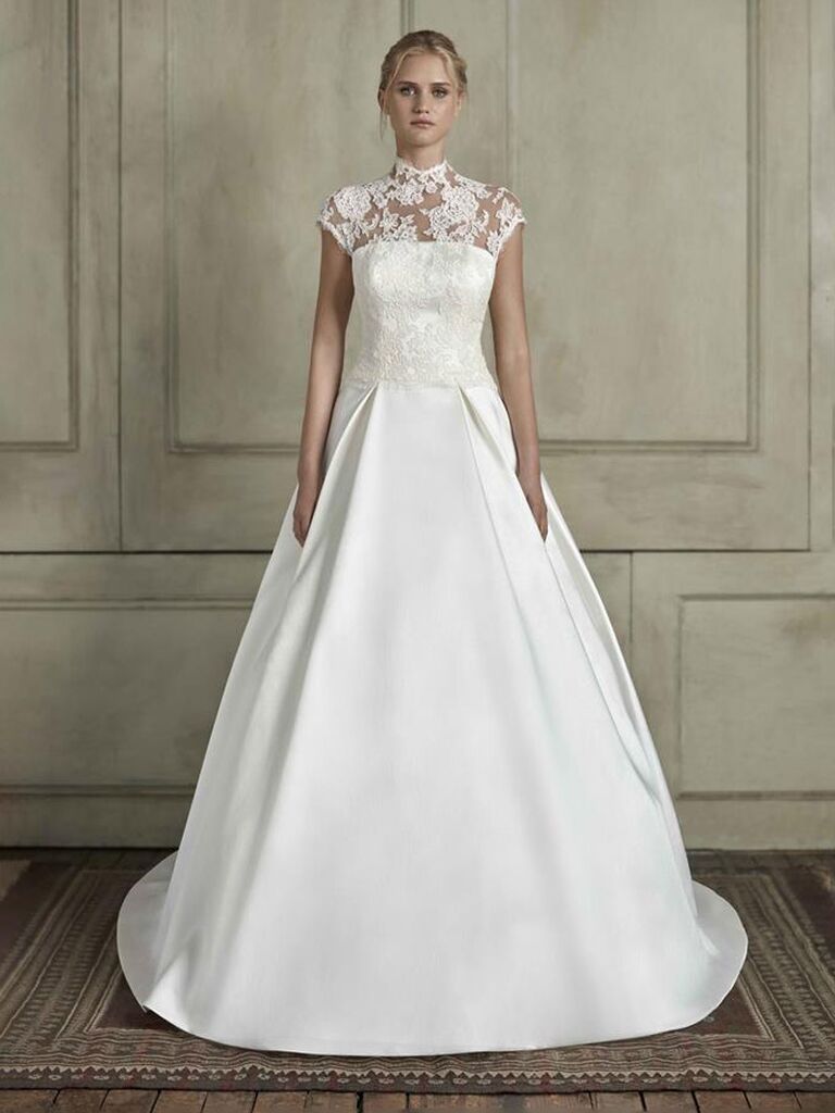 sareh nouri white lace high neck wedding dress with lace mesh cap sleeves lace chest and plain pleated ball gown skirt