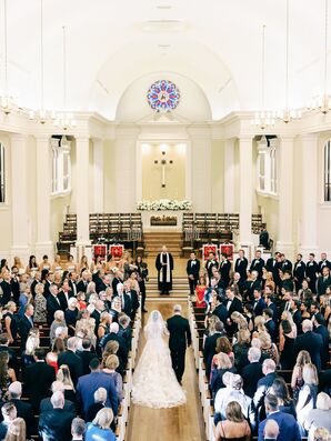 Father Walks Bride Down the Church Aisle With Guests in Pews