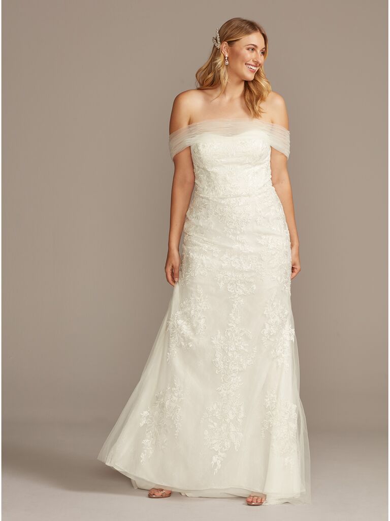 David's Bridal off-the-shoulder wedding dress