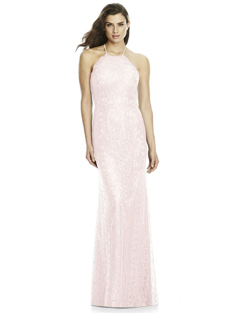 Blush lace bridesmaid dress with high neckline
