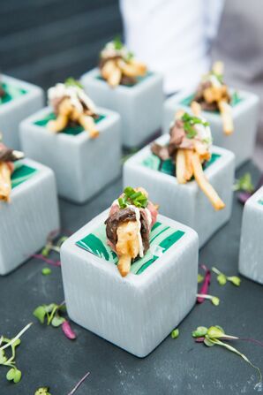 Steak and Fries Bites Served on Individual Square Platforms
