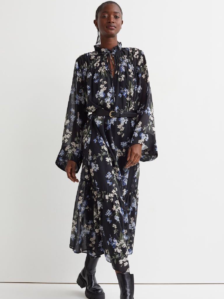 Black floral print chiffon maxi dress