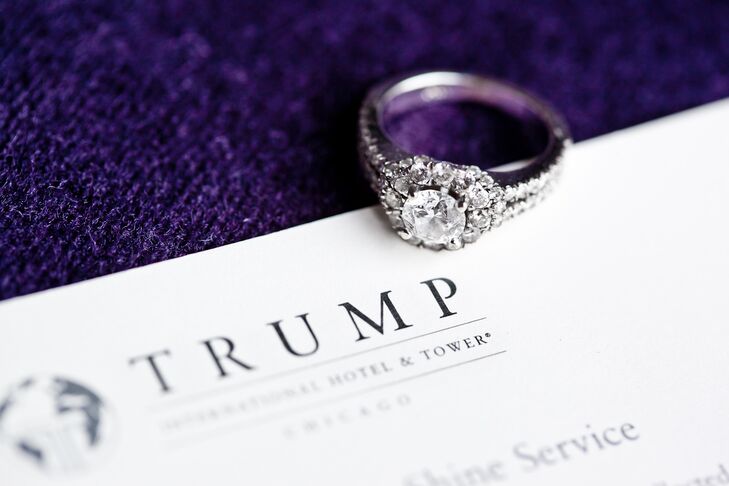 Ryan custom-made the round diamond halo engagement ring with a double diamond band. "I love that he put so much thought into my ring to make it perfect," Teresa says.