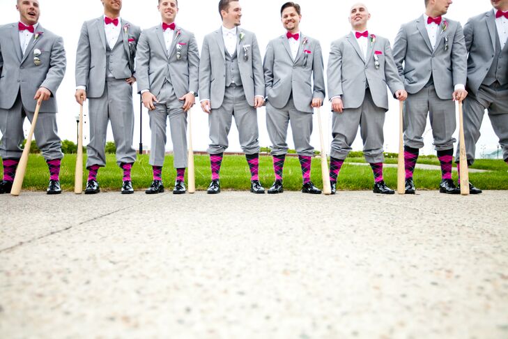 The groomsmen wore matching "azalea" pink bow ties, pocket squares, calla lily boutonnieres, and whimsical pink socks. Although Ryan was fine riding with his groomsmen to the ceremony in his aunt's van, Teresa surprised him and his best man with a yellow corvette to drive to the ceremony (and even throughout the wedding weekend!).