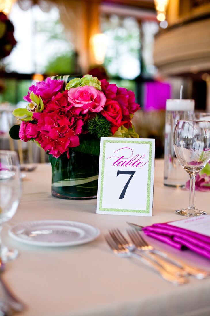 Bright Pink and Green Rose and Hydrangea Centerpieces and Sparkly Table Numbers