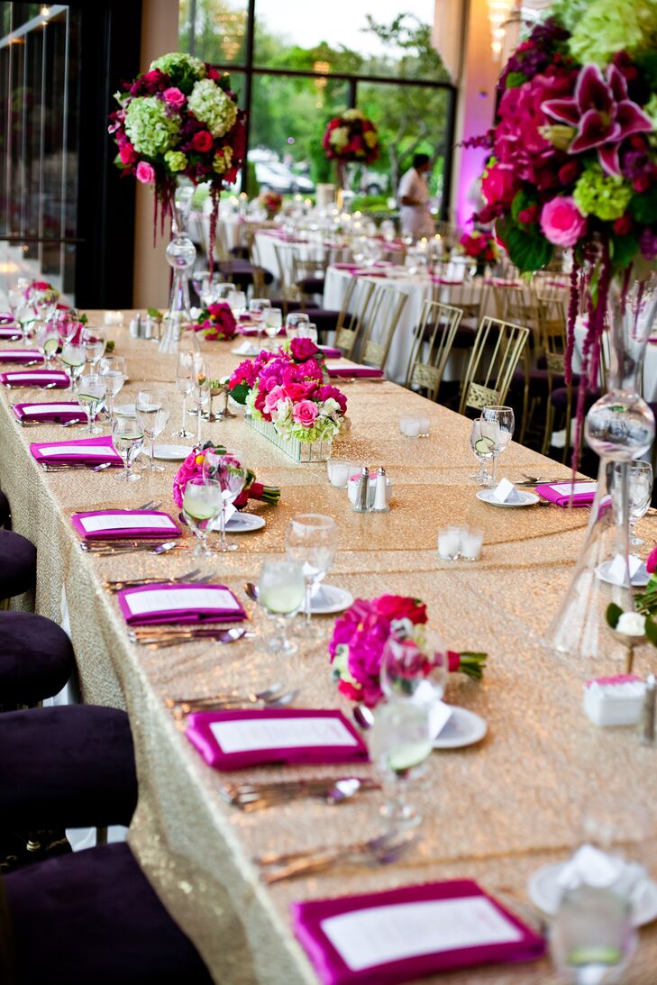 Sparkly Gold Reception Table with Pink and Green Centerpieces and Pink Napkins