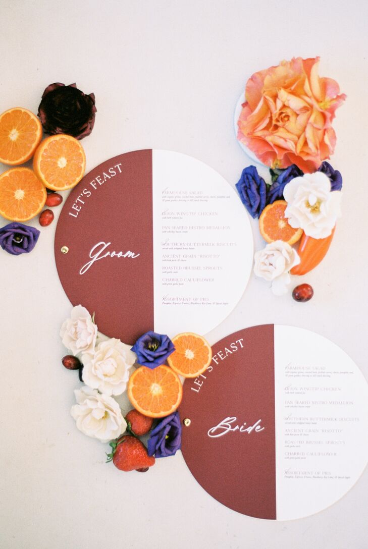 Round Wedding Menus Styled With Oranges