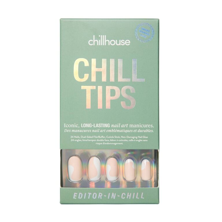 Rectangular box of neutral-colored press on nails with a modern swirl design. 