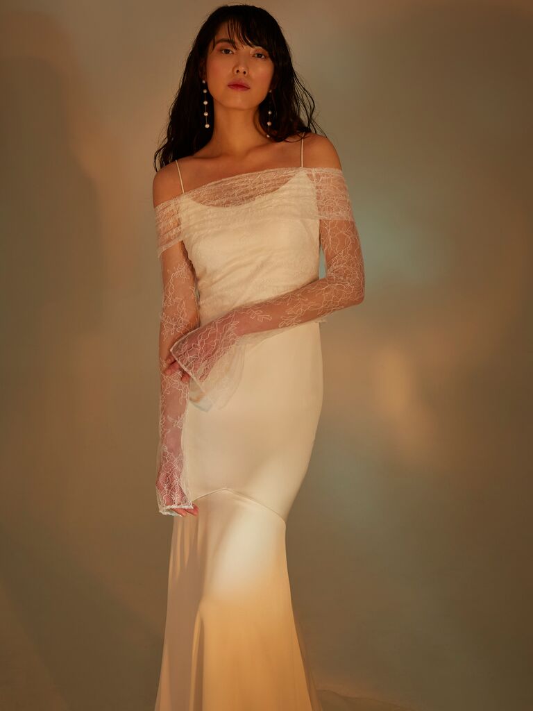 90s isnpired lace off the shoulder wedding dress, fashion trends 2024