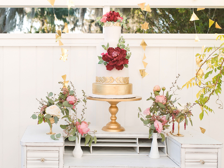 Boho gold and white wedding cake with sugar flower peony