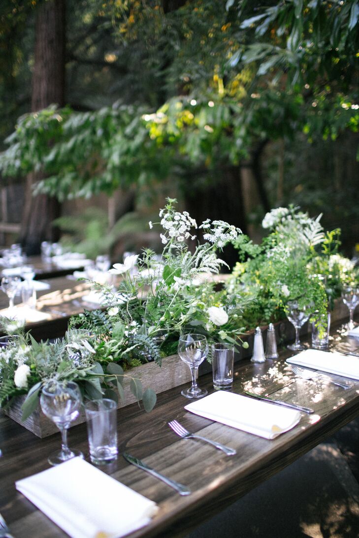 Greenery and Wildflower Centerpieces in Distressed Wood Boxes