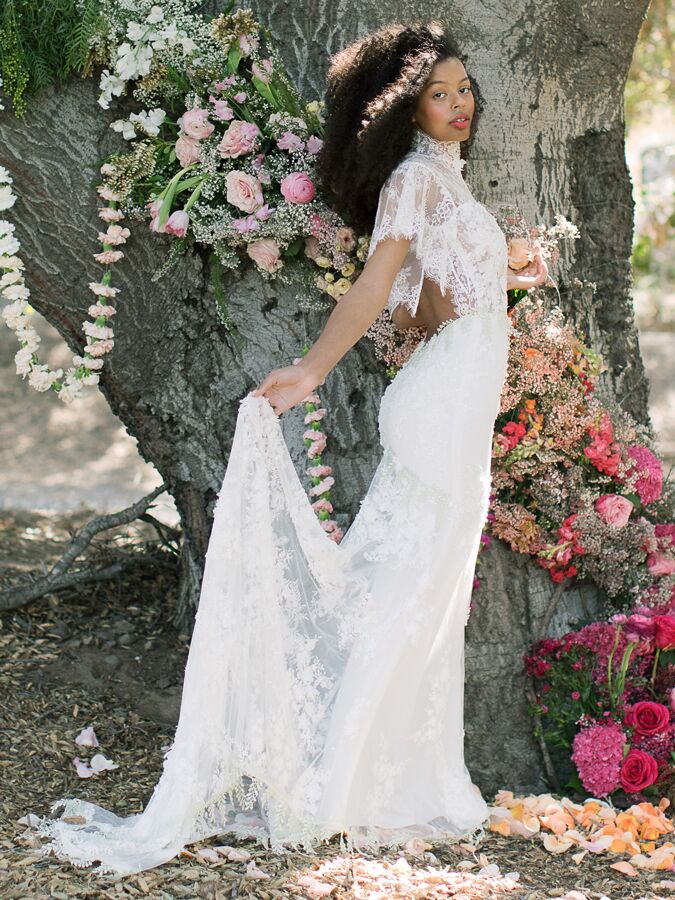 Claire Pettibone high neck lace wedding dress with flutter sleeves