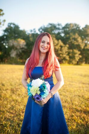 Royal Blue Bridesmaid Dress and Peacock Bouquet