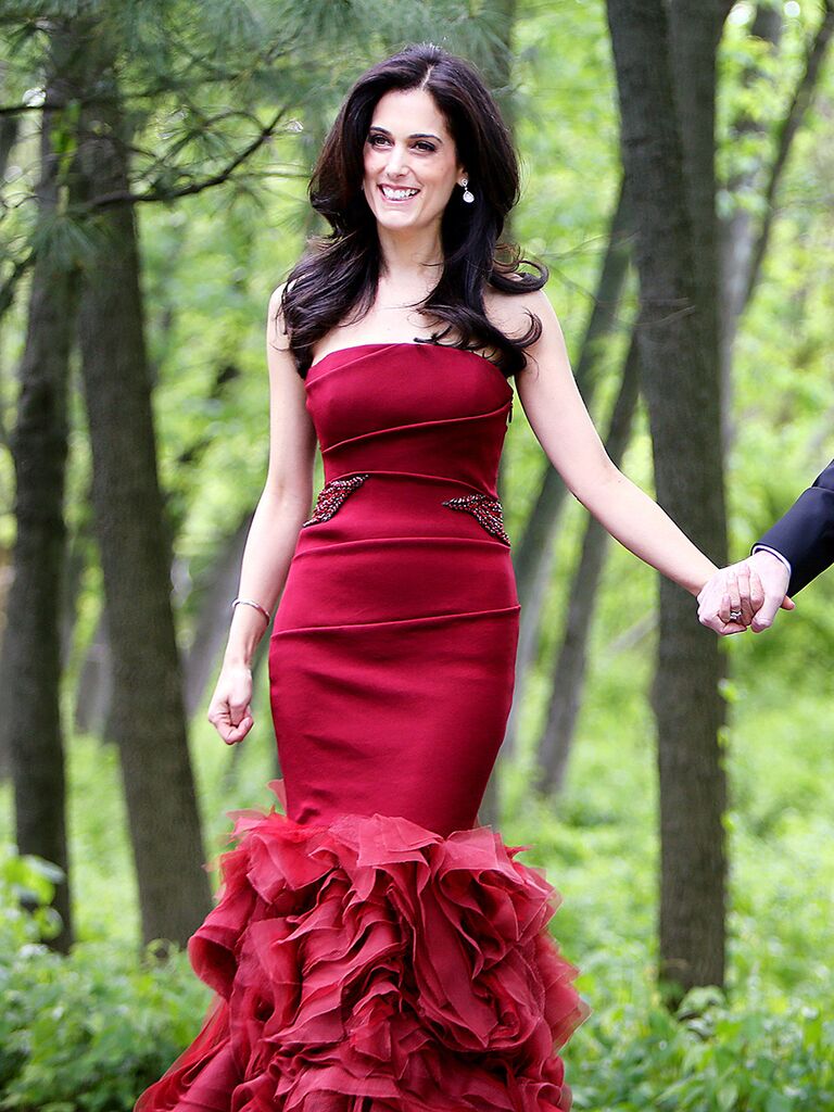Red Vera Wang fit and flare red wedding dress 
