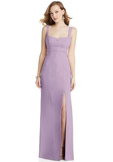 Dessy Group Wide Strap Notch Empire Waist Dress with Front Slit - 6838 Square Bridesmaid Dress