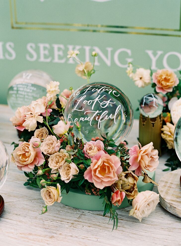 Crystal Ball Decoration at Custom Fantasy Seating Chart Display, Mint Greenery