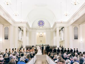Arkansas Church Ceremony With Floral Altar, Guests in Pews