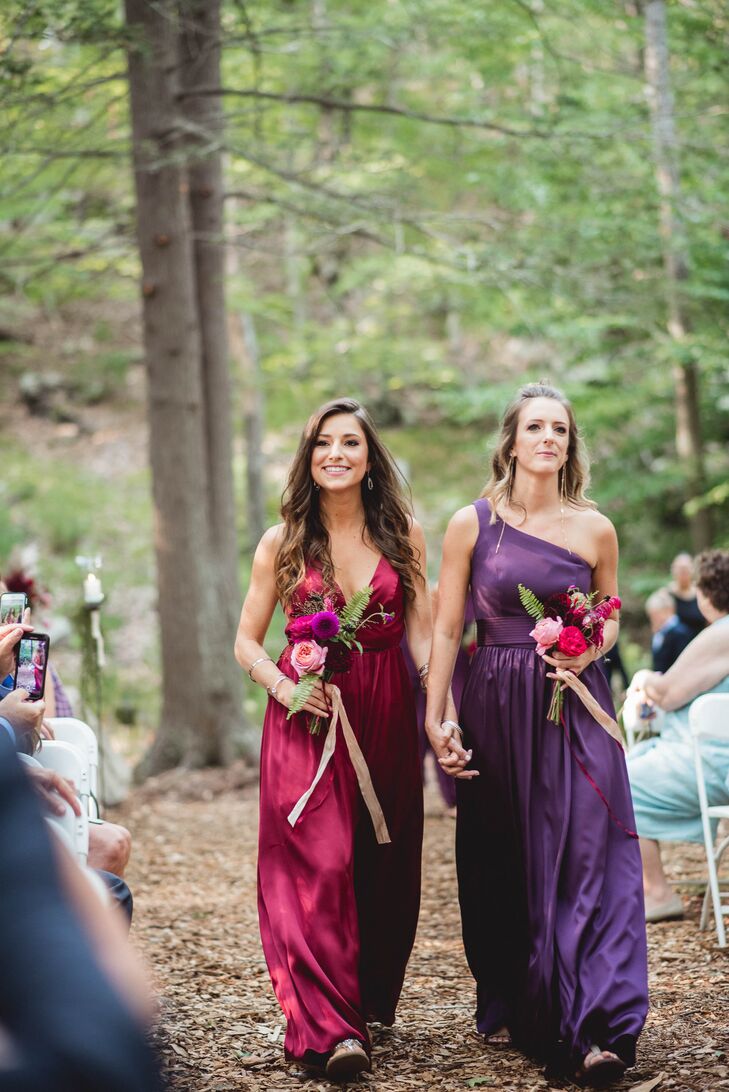 Jenna wanted her bridesmaids to show off their different styles. She pinpointed a palette and let them choose their own dresses. The result was a striking melange of ethereal jewel-tone gowns that played up the day’s bohemian feel.