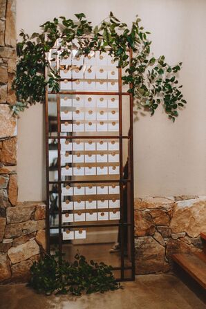 Modern, Rustic Escort Card Display with Mirrors and Leaves