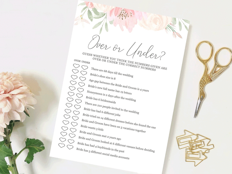 Over and under printable wedding reception game.