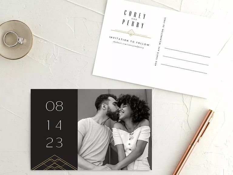 Art deco design with black background and wedding date in gold on left, black and white personalized photo on right