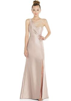 Dessy Group Draped One-Shoulder Satin Trumpet Gown with Front Slit - D827 One Shoulder Bridesmaid Dress