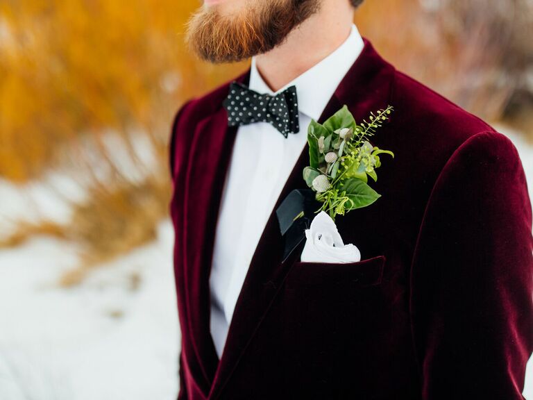 winter wedding ideas burgundy suit jacket