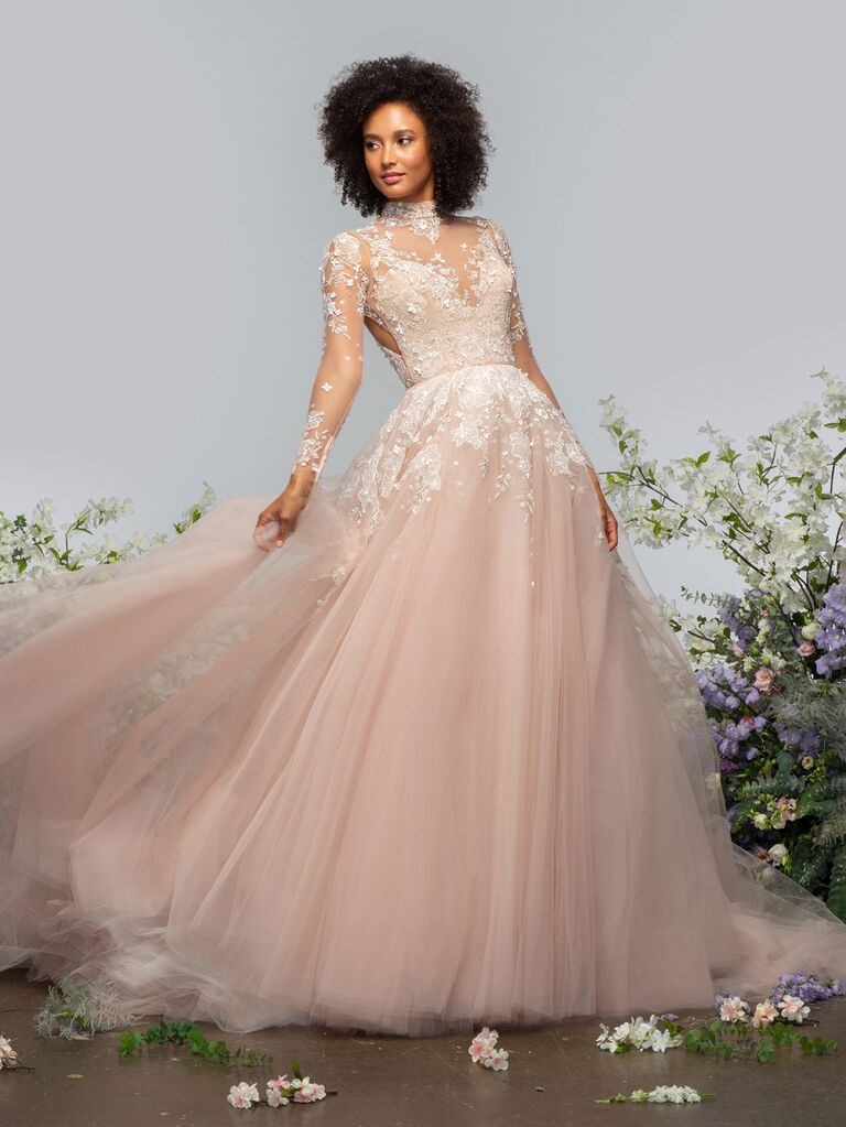 jim couture blush lace high neck wedding dress with lace mesh long sleeves lace chest and flowy tulle ball gown skirt