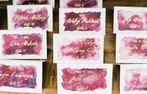 Purple Watercolor Escort Cards with Gold Calligraphy