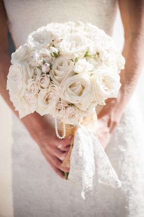 White Rose Bouquet With Lace Bouquet Wrap