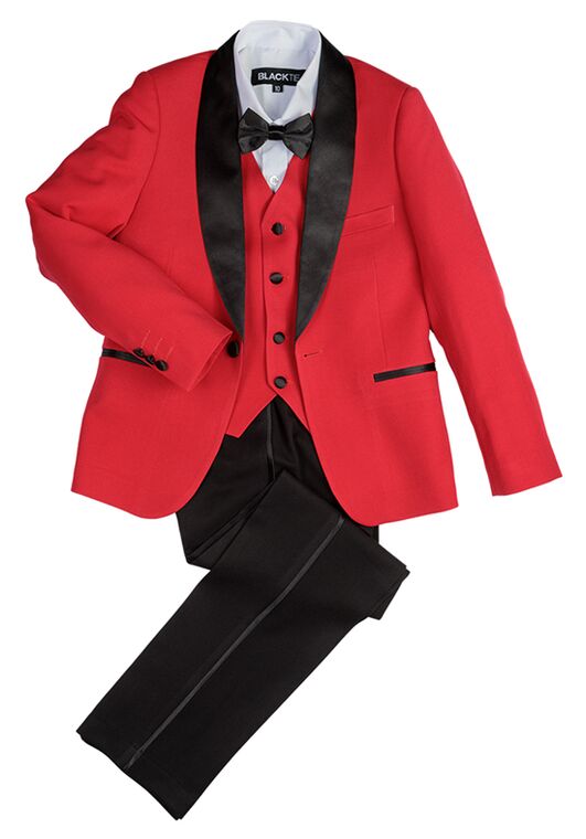 BLACKTIE "London" Kids Red Tuxedo (5-Piece Set) Flower Girl Dress and Ring Bearer Outfit - 3