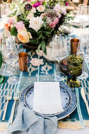 Blue Patterned Table Runner and Place Settings