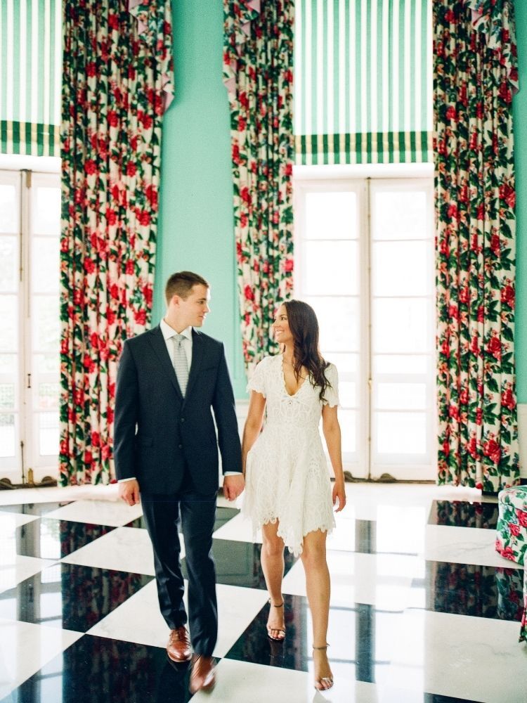 spring engagement photo in classic hotel