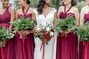 Bridesmaids in Berry Dresses Holding Greenery Bouquets