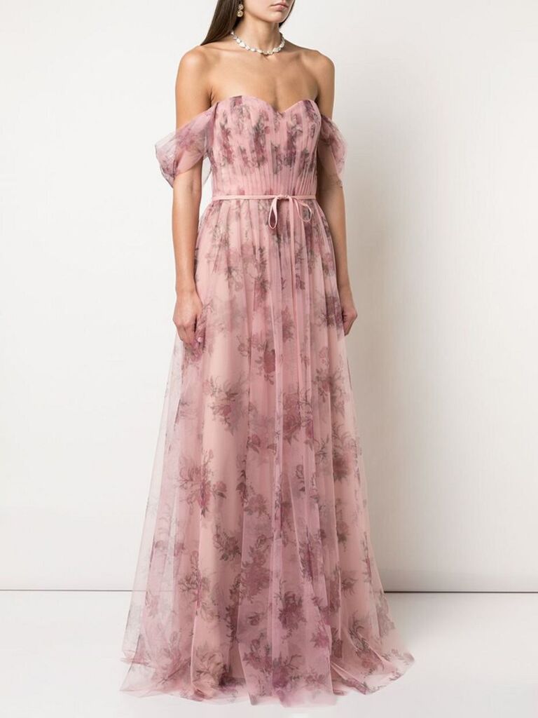 verishop pink and purple floral off the shoulder garden wedding bridesmaid dress with tie