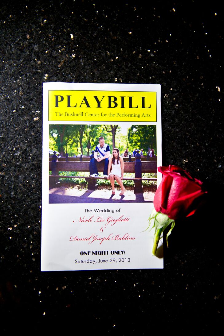 Since their wedding took place in a theater, Nicole and Daniel designed their wedding programs to look like Playbills.