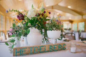 Milk Glass Vases with Colorful Flower Arrangements and DIY Table Names