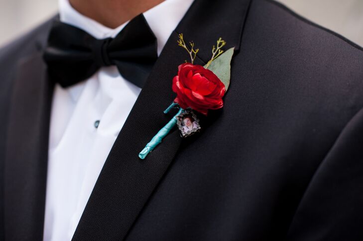 Red Ranunculus Boutonniere with Aqua Stem Wrap