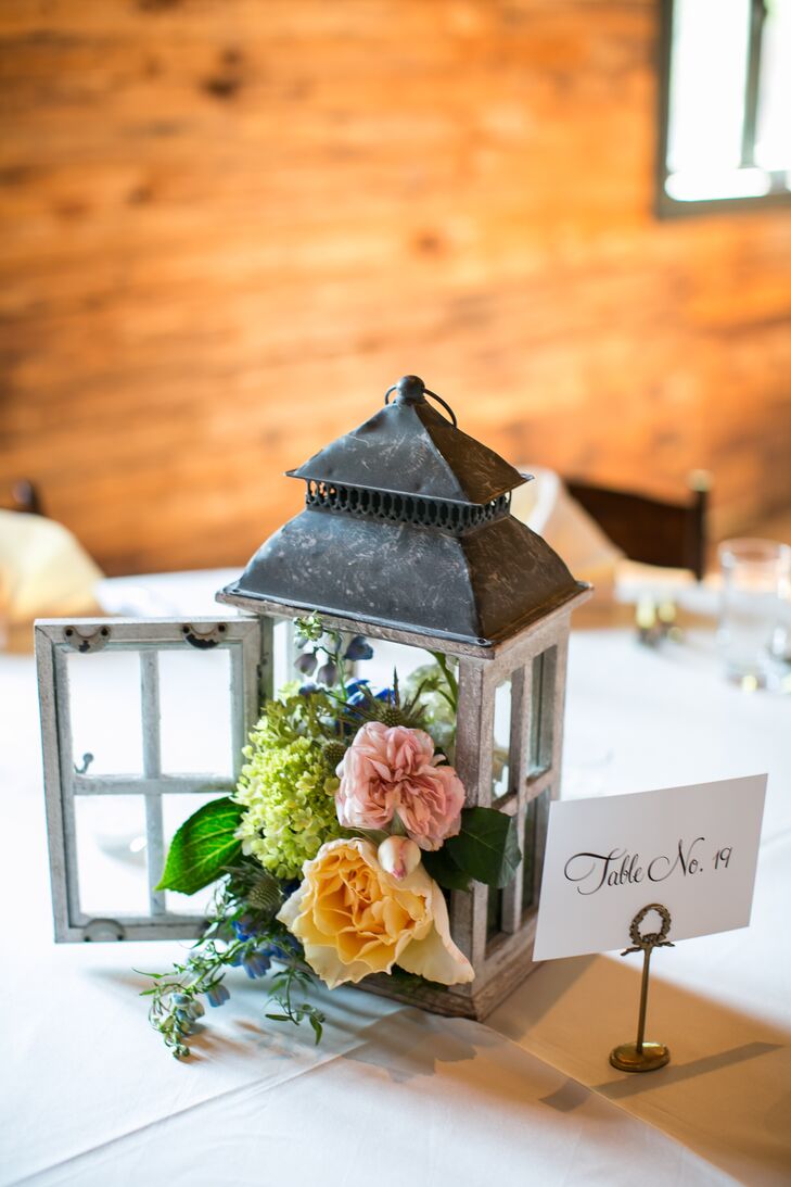 Vintage Lantern With Peach Flower Centerpiece