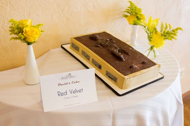 In true Star Wars fashion, Blue Note Bakery sculpted David in this delicious red velvet groom's cake as the one and only - Han Solo.