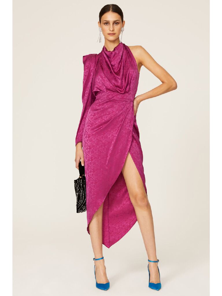 Fuchsia winter wedding guest dress with one long sleeve