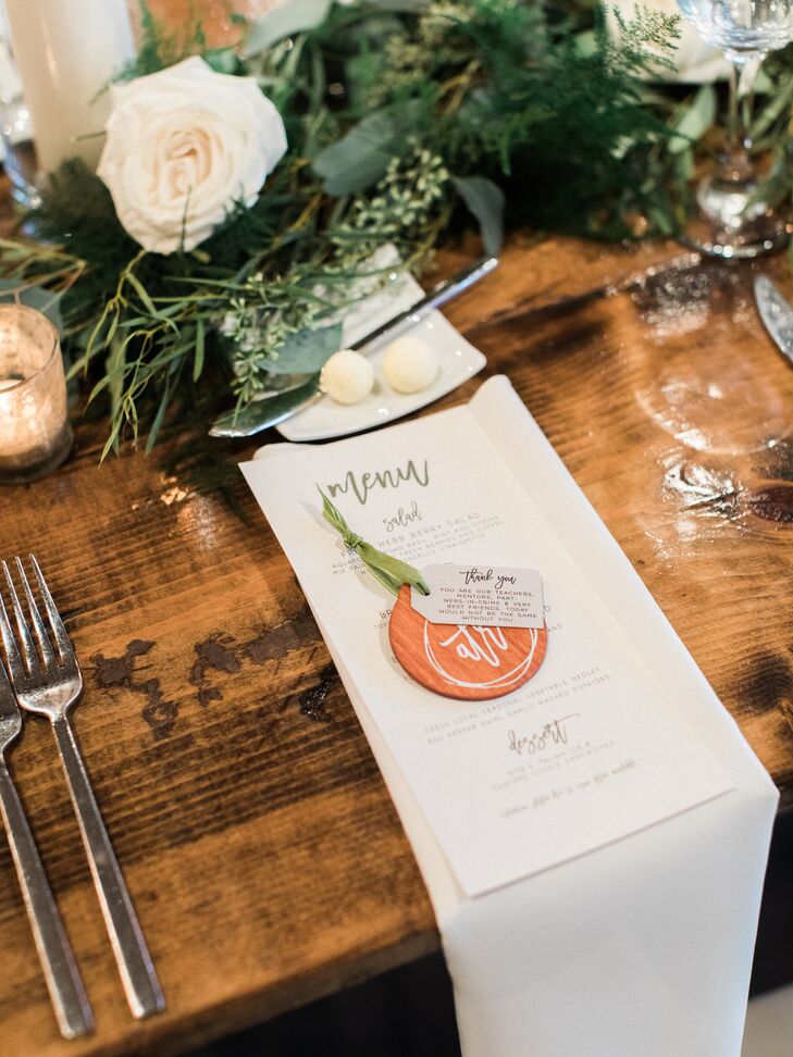 Simple Place Setting with Menu and Monogrammed Wood Ornament Favor