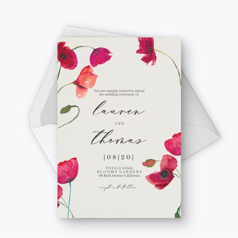 Red pink floral poppy wedding invites downloadable wedding invitations